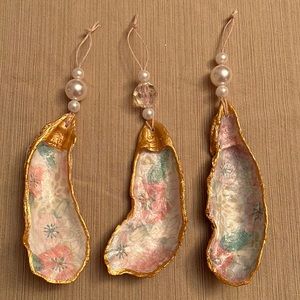 Set of 3 handmade oyster shell ornaments with floral design